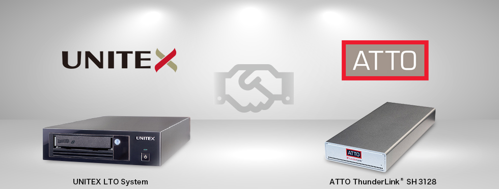 Verification of connection between LTO system, which is configured with UNITEX LTO tape drive/UNITEX LTFS software, and ATTO ThunderLink® SH 3128 is completed.